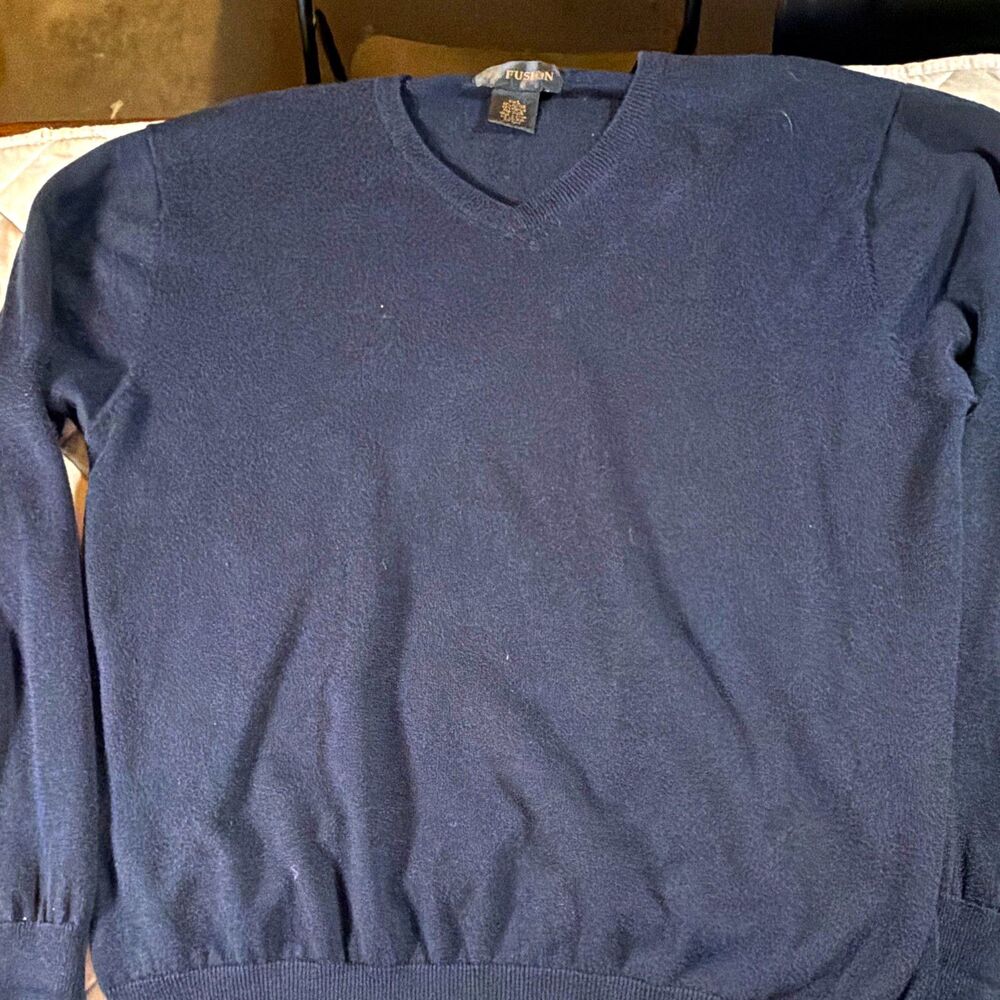 Fusion Men's V-Neck Pullover Cotton Blend Knit Sweater Navy Blue L